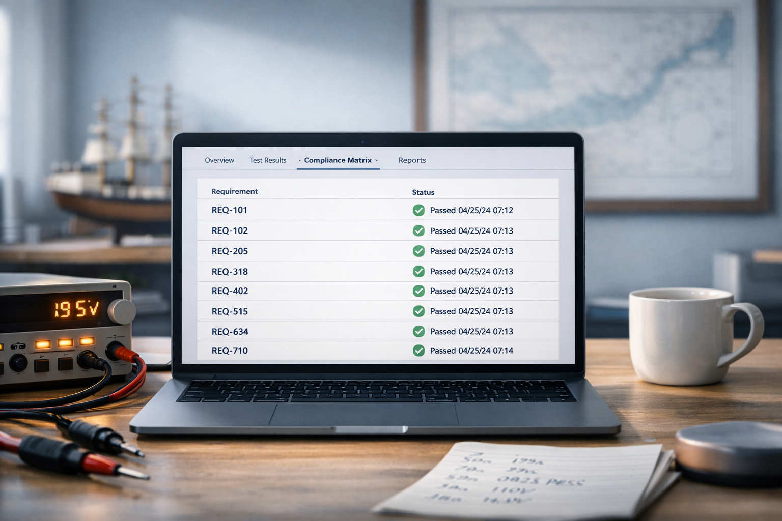 Laptop showing compliance matrix with REQ codes and green passed timestamps, ship model on shelf, nautical chart on wall, PSU in background