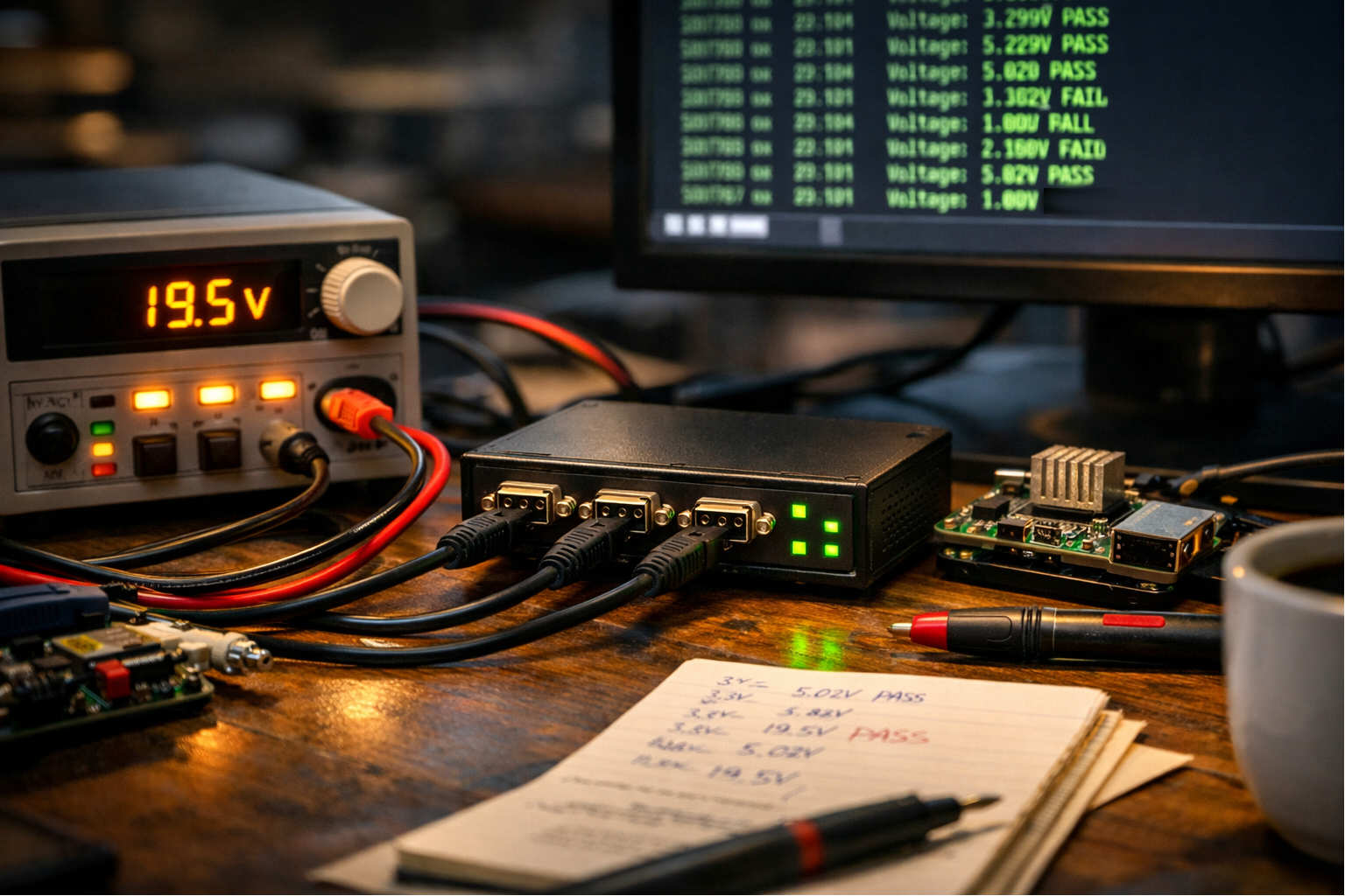 Programmable PSU showing 19.5V connected to NMEA multiplexer, terminal showing voltage measurements with PASS/FAIL results, Raspberry Pi visible