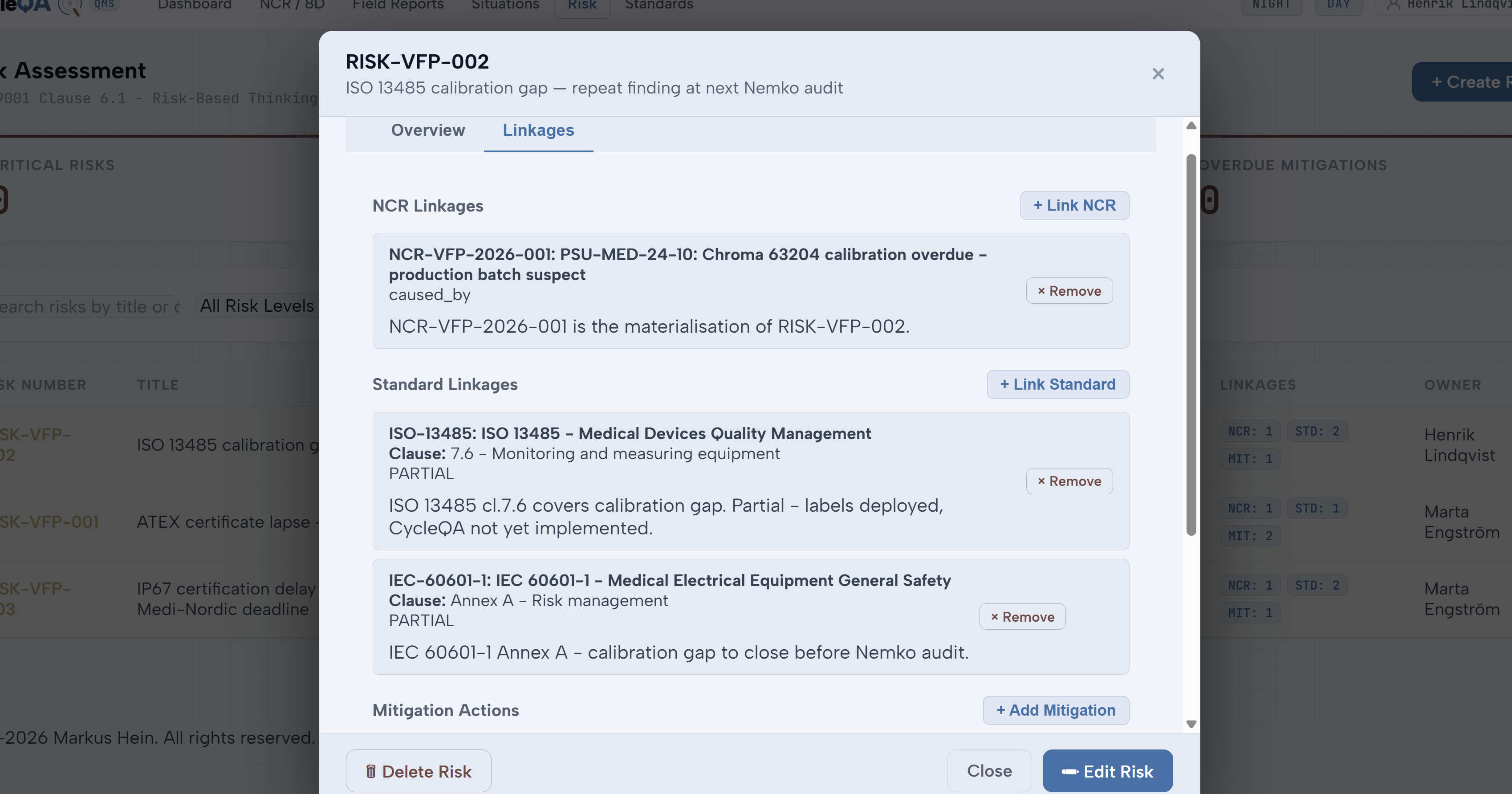 CycleQA RISK-VFP-002 linkages — NCR-VFP-2026-001 linked as caused_by, ISO 13485 clause 7.6 as standard, IEC 60601-1 Annex A